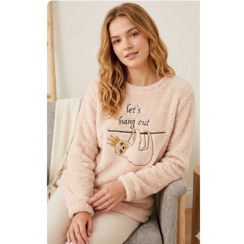 City Comfort Women Pink Sherpa Fleece Sloth Pajama Top Let's Hang Out LN656FF